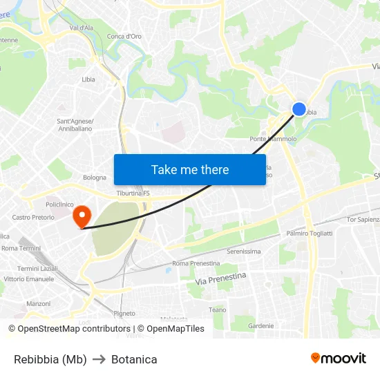 Rebibbia (Mb) to Botanica map