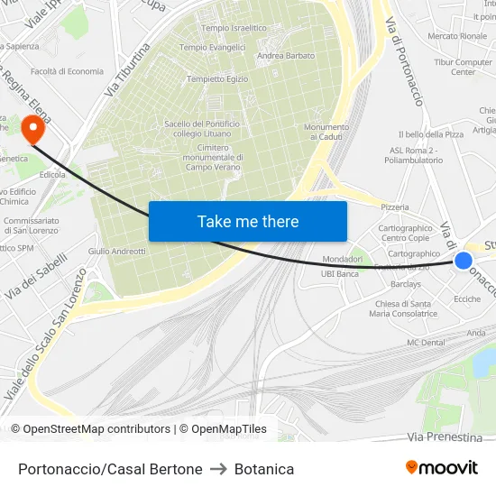 Portonaccio/Casal Bertone to Botanica map