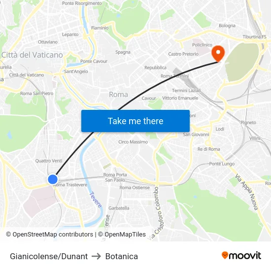 Gianicolense/Dunant to Botanica map