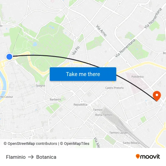 Flaminio to Botanica map