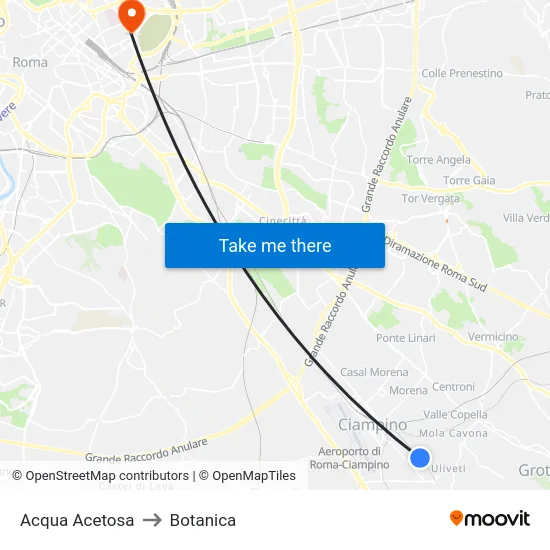 Acqua Acetosa to Botanica map