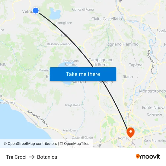 Tre Croci to Botanica map