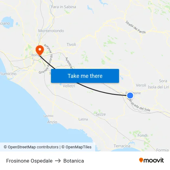 Frosinone Hospital to Botanica map