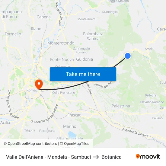 Valle Dell'Aniene - Mandela - Sambuci to Botanica map