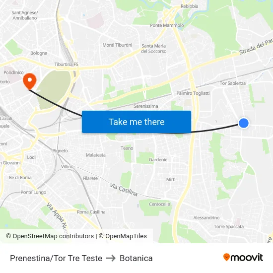 Prenestina/Tor Tre Teste to Botanica map