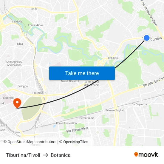 Tiburtina/Tivoli to Botanica map