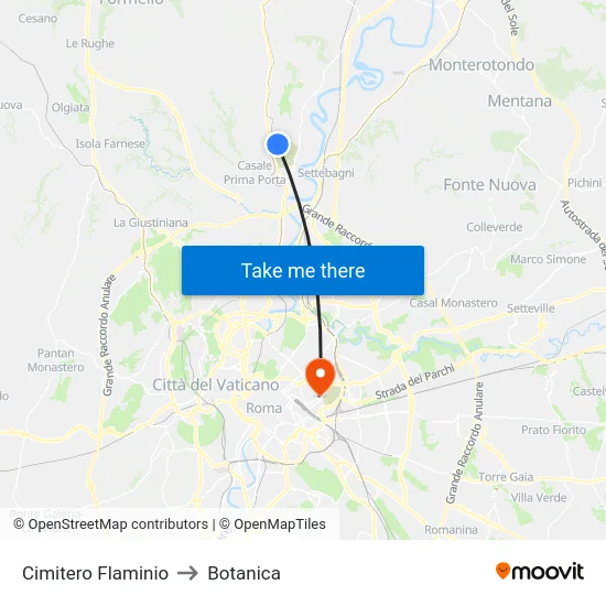Cimitero Flaminio to Botanica map