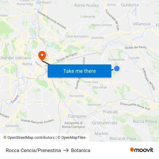 Rocca Cencia/Prenestina to Botanica map