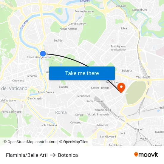 Flaminia/Belle Arti to Botanica map