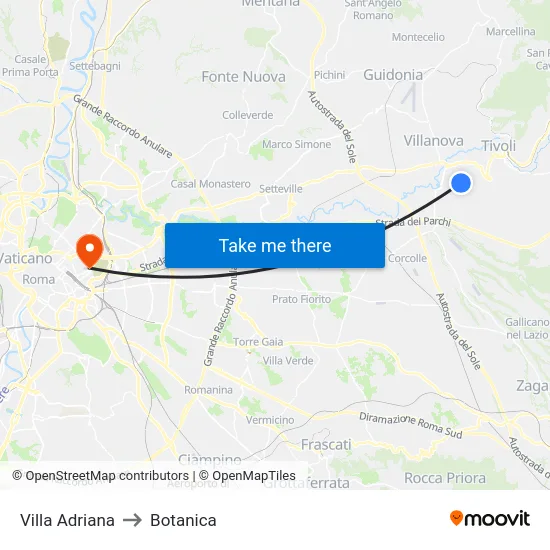 Villa Adriana to Botanica map