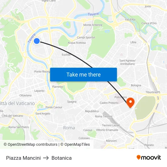 Piazza Mancini to Botanica map