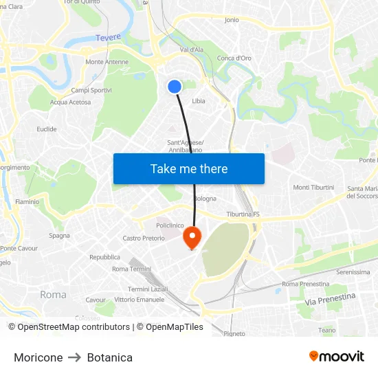 Moricone to Botanica map