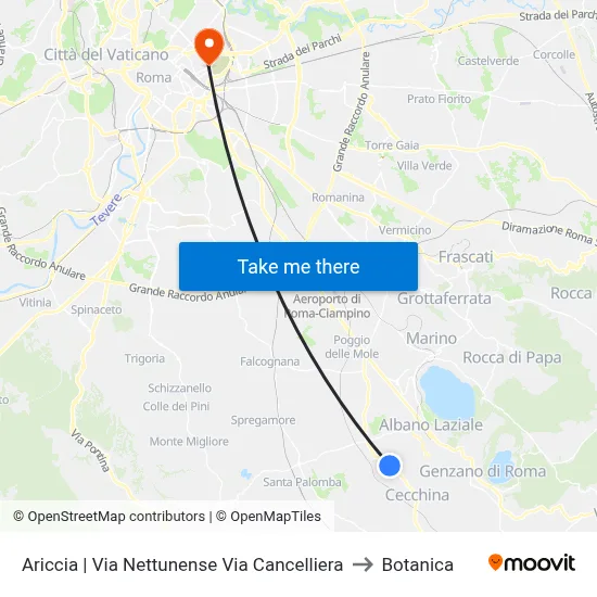 Ariccia | Nettunense Road Cancelliera Road to Botanica map