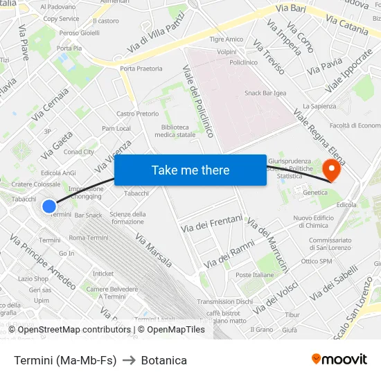 Termini (Metro A-Metro B-Railway) to Botanica map