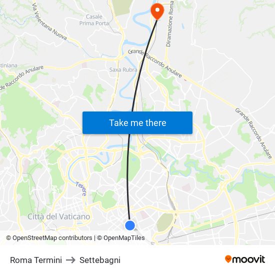 Roma Termini to Settebagni map