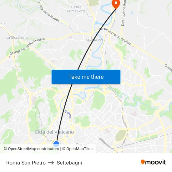 Roma San Pietro to Settebagni map