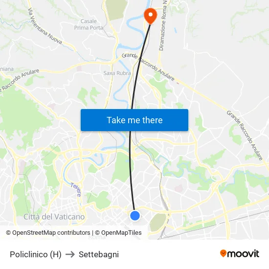 Policlinico Hospital to Settebagni map