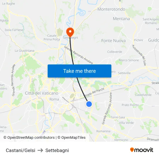 Castani/Gelsi to Settebagni map