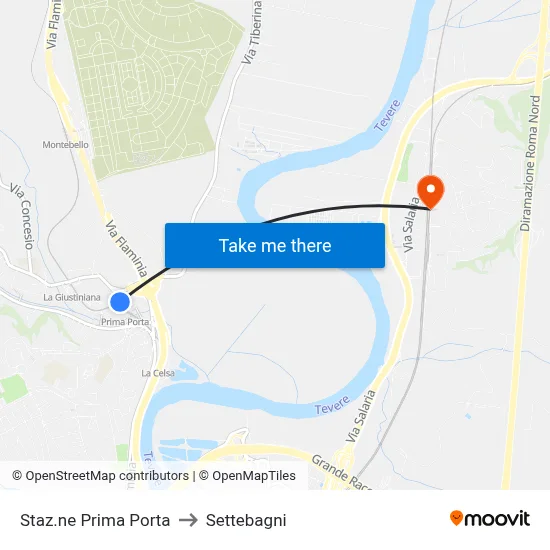 Prima Porta Station to Settebagni map