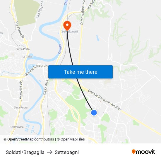 Soldati/Bragaglia to Settebagni map