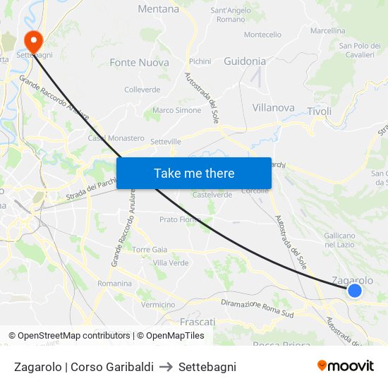 Zagarolo | Corso Garibaldi to Settebagni map