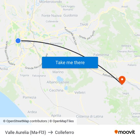 Valle Aurelia (Ma - Fl3) to Colleferro map