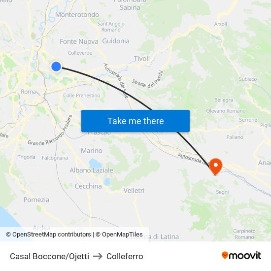 Casal Boccone/Ojetti to Colleferro map