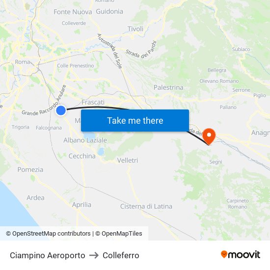 Ciampino Aeroporto to Colleferro map