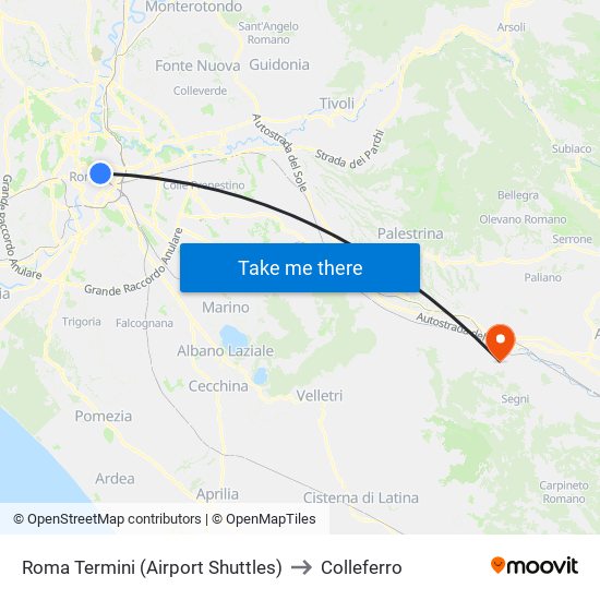 Roma Termini (Airport Shuttles) to Colleferro map