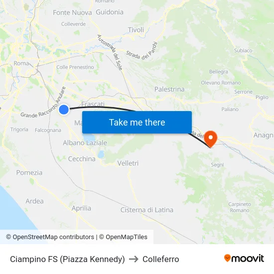 Ciampino FS (Piazza Kennedy) to Colleferro map