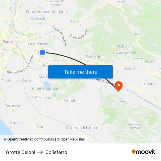 Grotte Celoni to Colleferro map