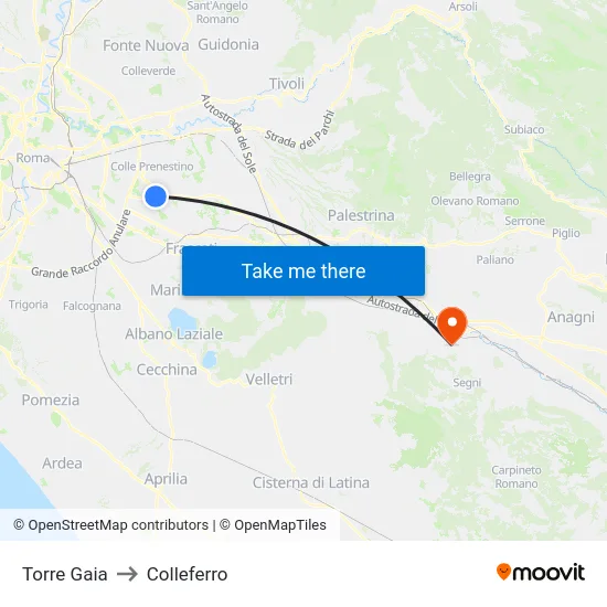 Torre Gaia to Colleferro map