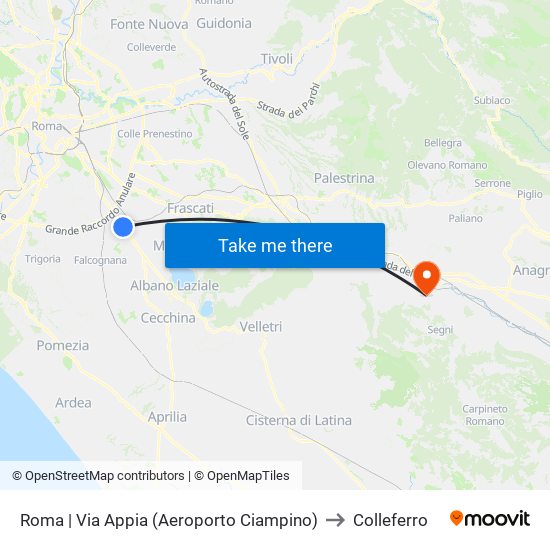 Roma | Via Appia (Aeroporto Ciampino) to Colleferro map