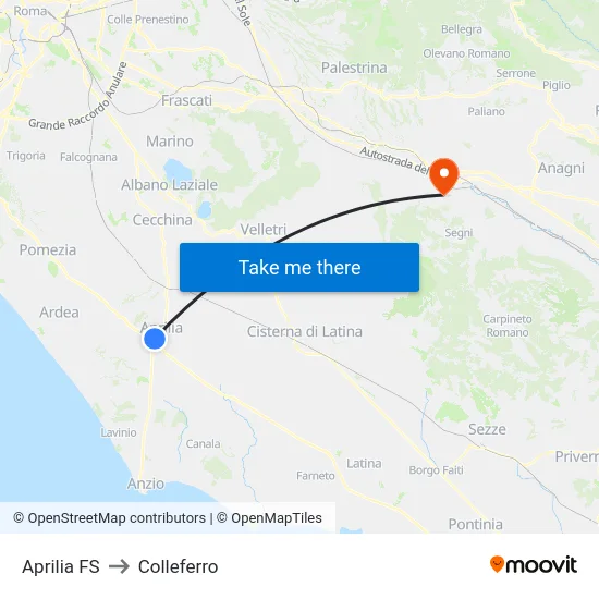 Aprilia FS to Colleferro map