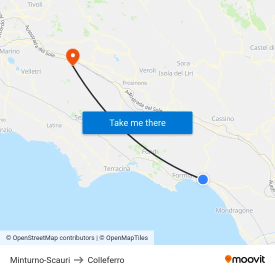 Minturno-Scauri to Colleferro map