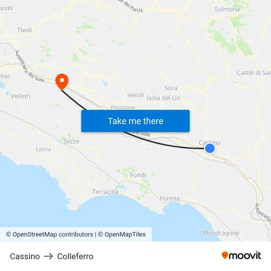 Cassino to Colleferro map