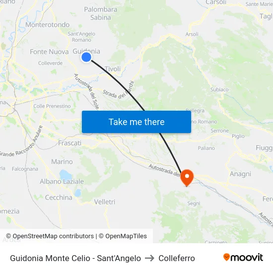Guidonia Monte Celio - Sant'Angelo to Colleferro map