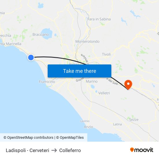 Ladispoli - Cerveteri to Colleferro map