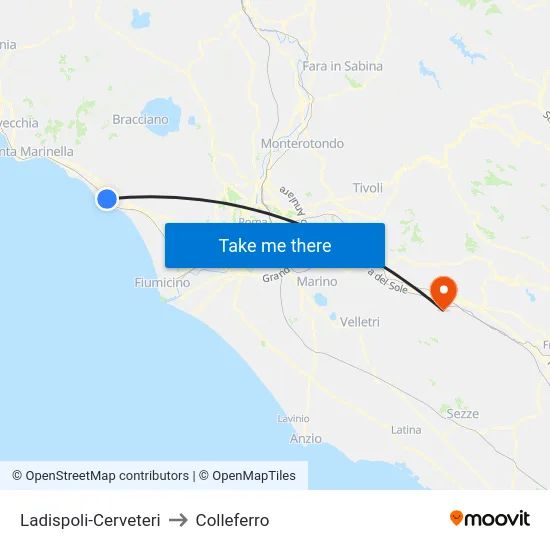 Ladispoli-Cerveteri to Colleferro map