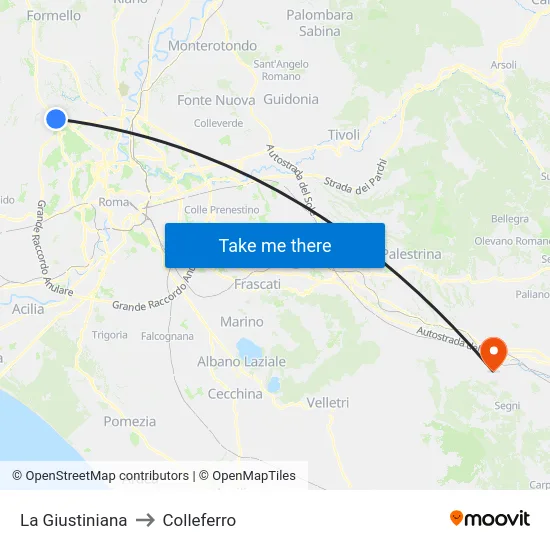 La Giustiniana to Colleferro map