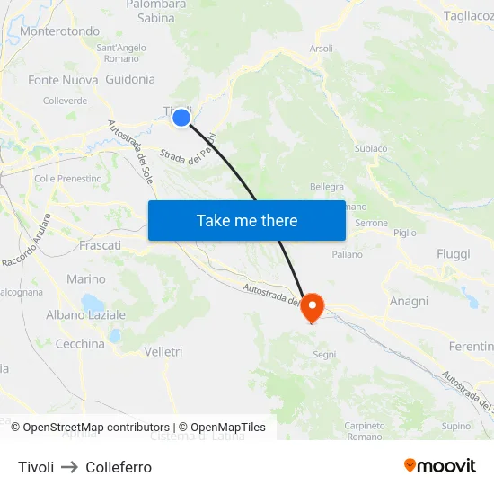Tivoli to Colleferro map