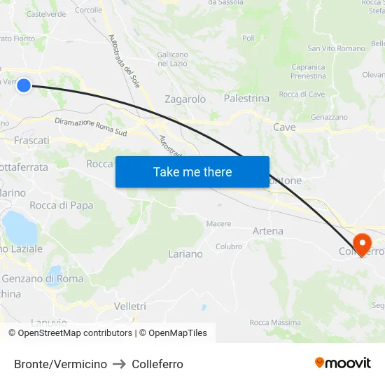 Bronte/Vermicino to Colleferro map
