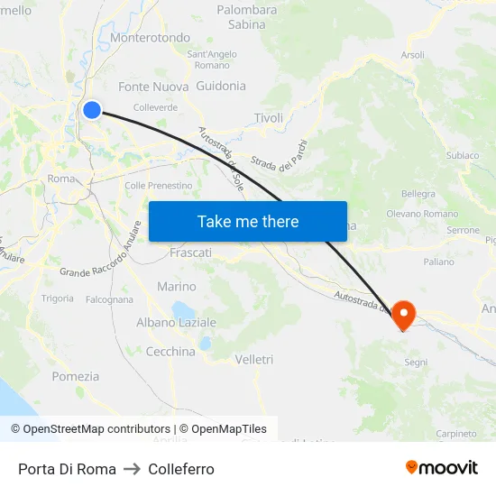 Porta Di Roma to Colleferro map