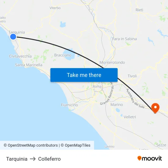 Tarquinia to Colleferro map