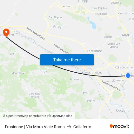 Frosinone | Via Moro Viale Roma to Colleferro map
