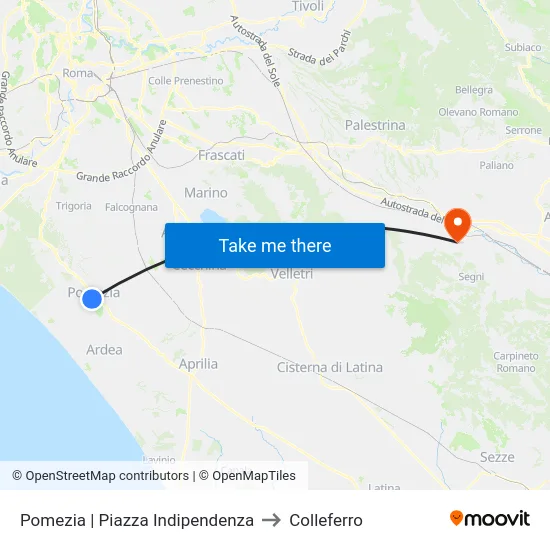 Pomezia | Piazza Indipendenza to Colleferro map