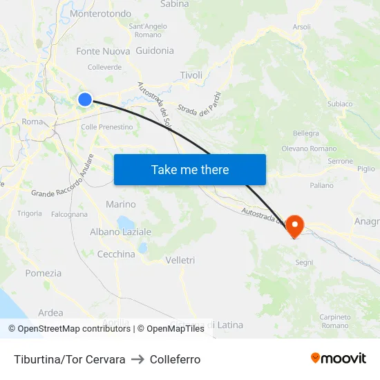 Tiburtina/Tor Cervara to Colleferro map