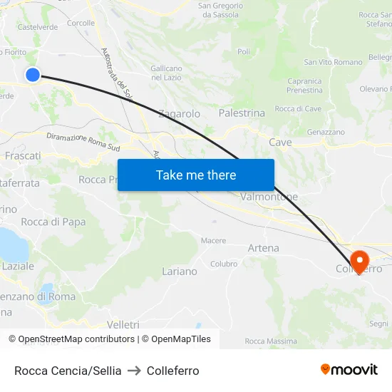 Rocca Cencia/Sellia to Colleferro map