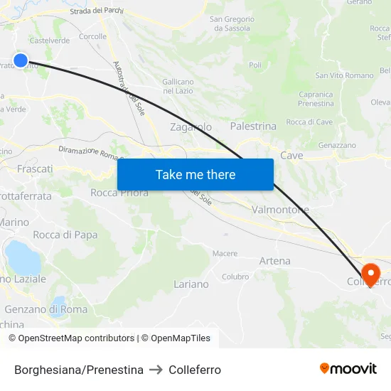 Borghesiana/Prenestina to Colleferro map