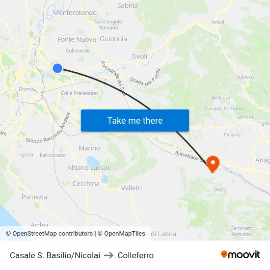 Casale S. Basilio/Nicolai to Colleferro map